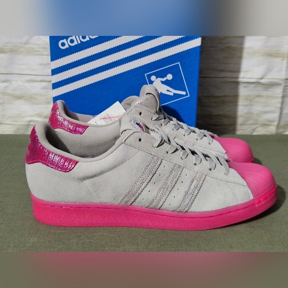 Adidas Superstars ASW Women's Gray suede Sneakers with Pink Sole - Picture 6 of 14